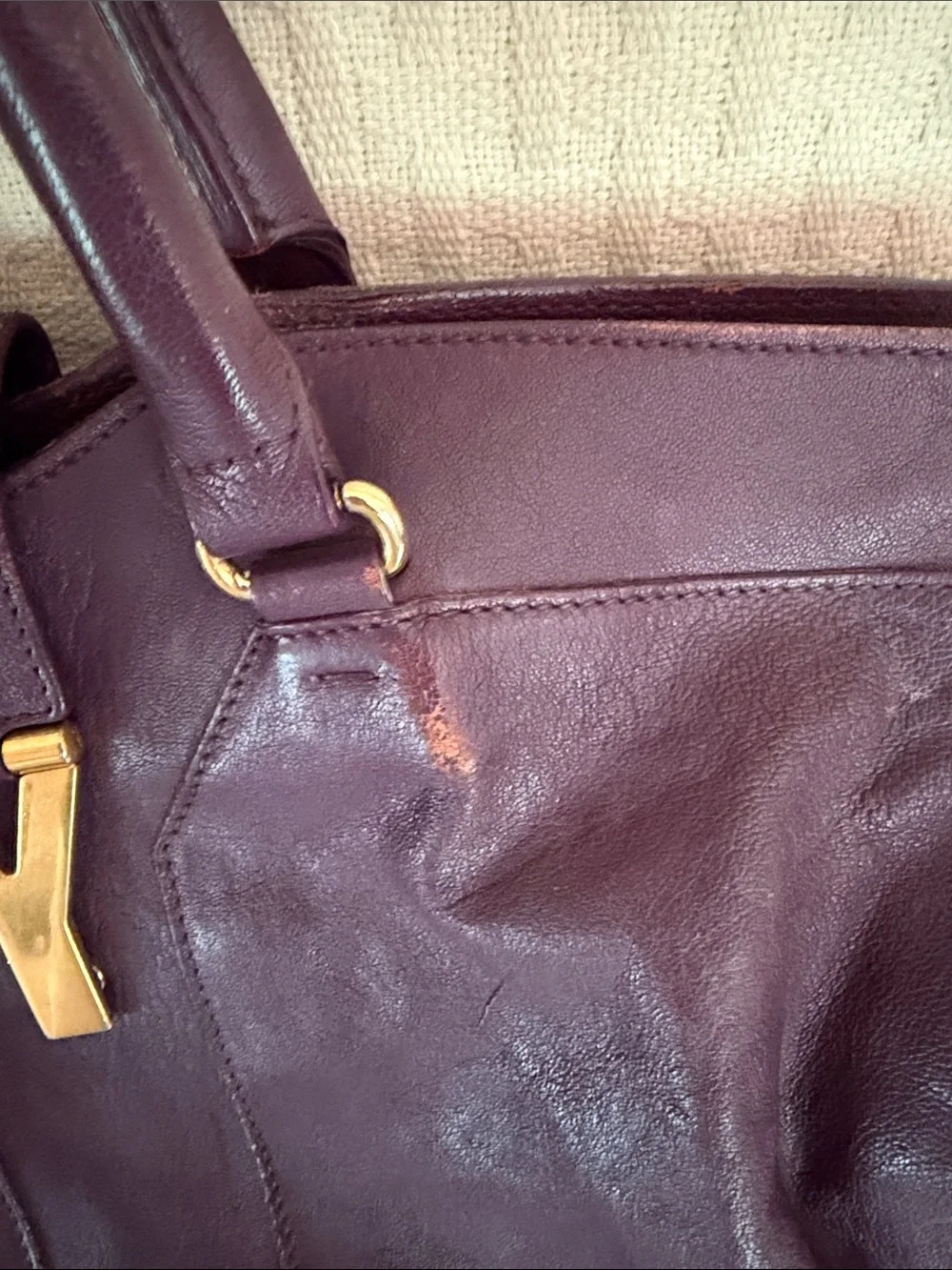 Yves Saint Laurent Plum Leather Tote with Gold Y Closure